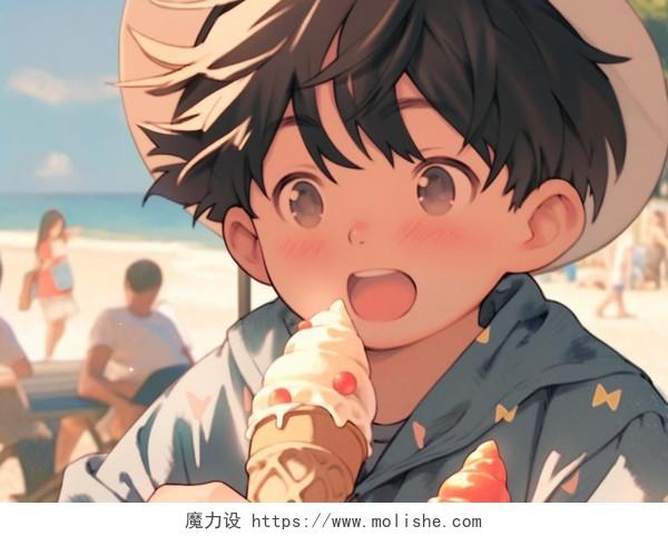 夏日夏季孩子开心的吃冰激凌甜筒的动漫风格插画